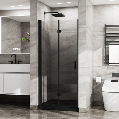 Shower Door - 34"X 72" Tempered Glass Black 180 Rotatable Pivot Zinc Alloy Hinges Water 90 Opening Foldable For Small Spaces Waterproof & Handle