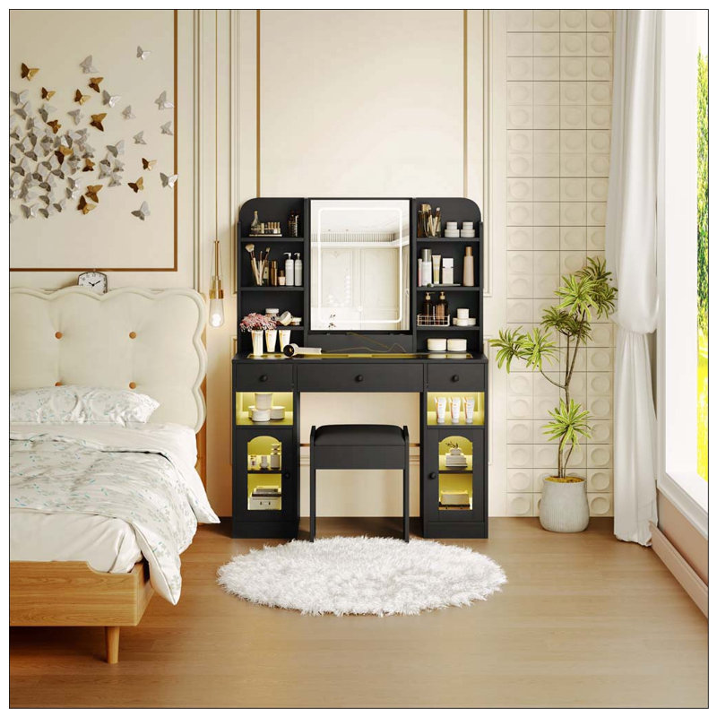 Vanity Desk With LED Mirror And Lights, Glass Top Vanity With RGB Glass Light Cabinets, Dressing Table With Drawers, Storage Shelves And Stool For Bedroom