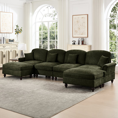 Canapé modulaire en chenille 4 places avec dossier en forme de fleur, accoudoirs évasés, jupes de plis à volants amovibles et pieds fuselés, coussins décoratifs en chenille, avec nuage confortable