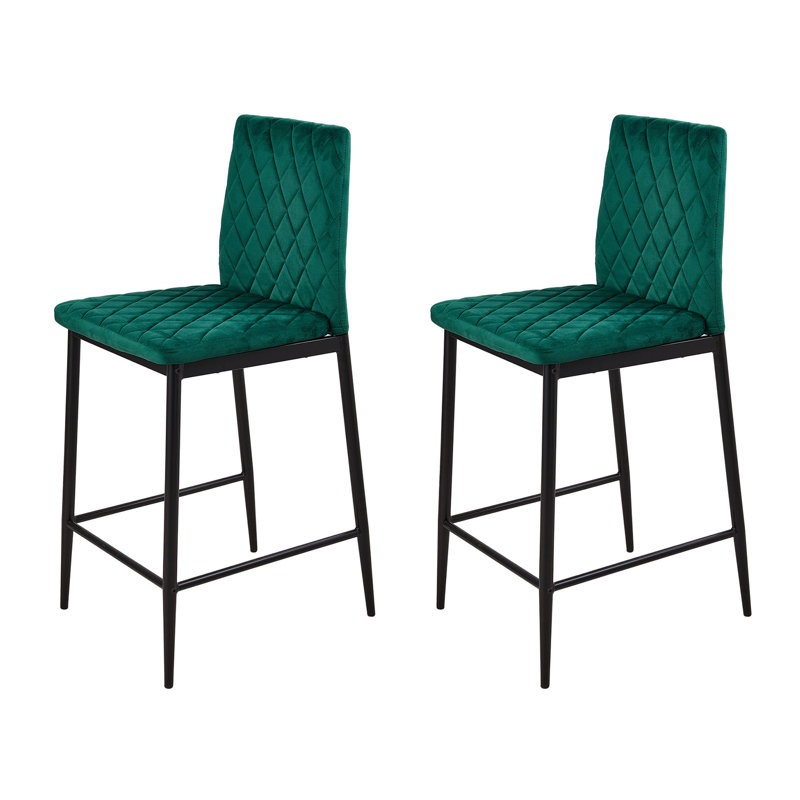 2pcs Velvet Upholstered Counter Bar Stools Dining Chairs, Green