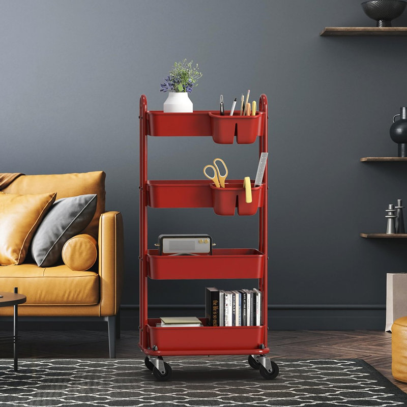 Chariot de rangement mobile à 4 niveaux avec bacs suspendus et roulettes pivotantes verrouillables, Rouge