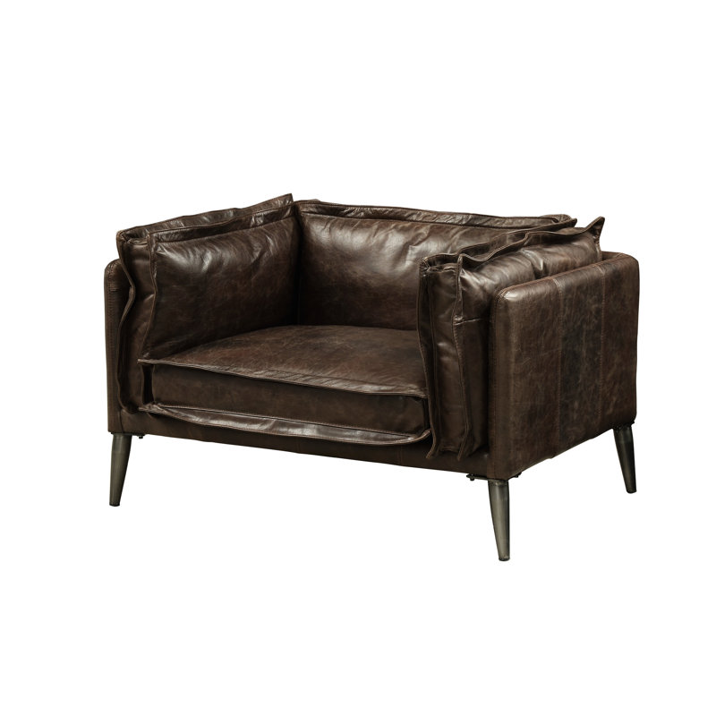 Fauteuil en cuir pleine fleur couleur chocolat vieilli, pieds Kd, dossier fixe, coussin d'assise amovible, rembourrage en mousse, duvet et plumes, coussin carré avec passepoil épais, oreiller, accoudoirs enveloppants, 8