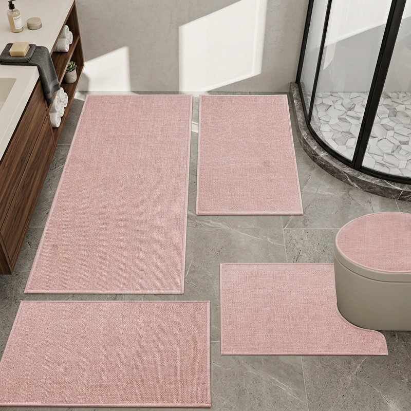 5 Piece Textured Linen-Look Bath Rug Set with Non-Slip Backing, Pink