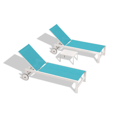  Ensemble de 2 chaises longues d'extérieur blanches avec roulettes, indigo | Cadre en aluminium léger et résistant, finition blanche reflétant la chaleur du soleil, 5 réglages de hauteur, tissu résistant aux déchirures