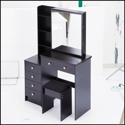 Table de coiffeuse de 37 pouces avec miroir coulissant, rangement multicouche et tabouret rembourré pour les espaces de taille moyenne