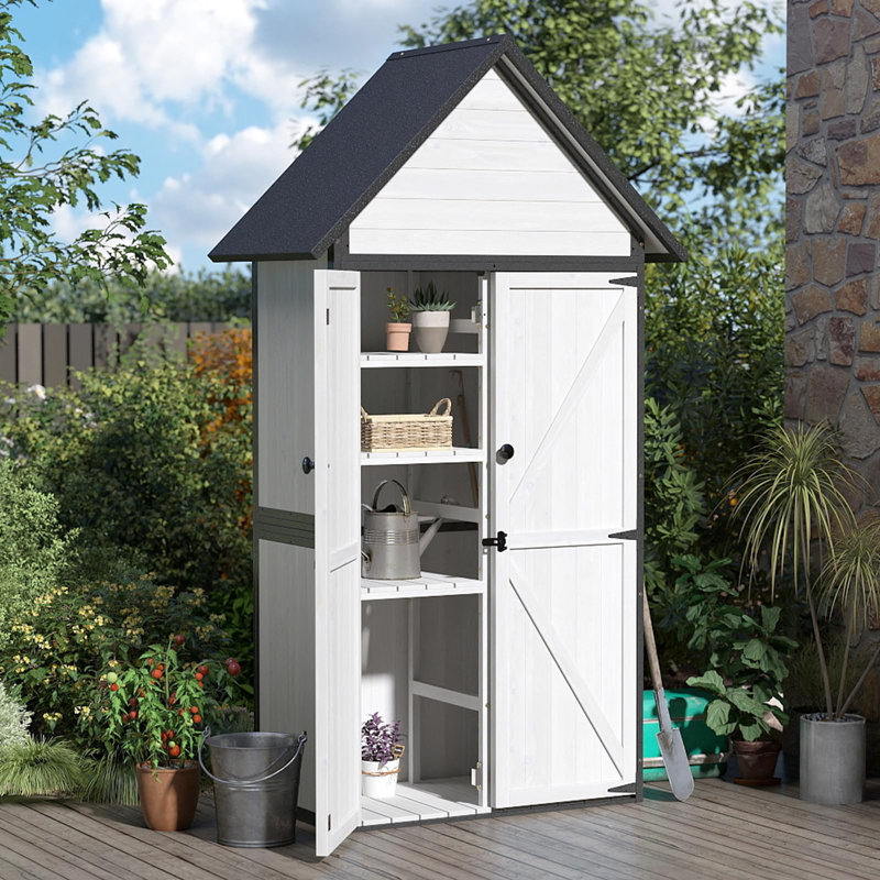 Remise de rangement extérieure avec toit incliné - Armoire de jardin en métal et bois robuste, tablettes réglables, conception imperméable à grande capacité pour patio, garage, cour arrière (blanc cassé)