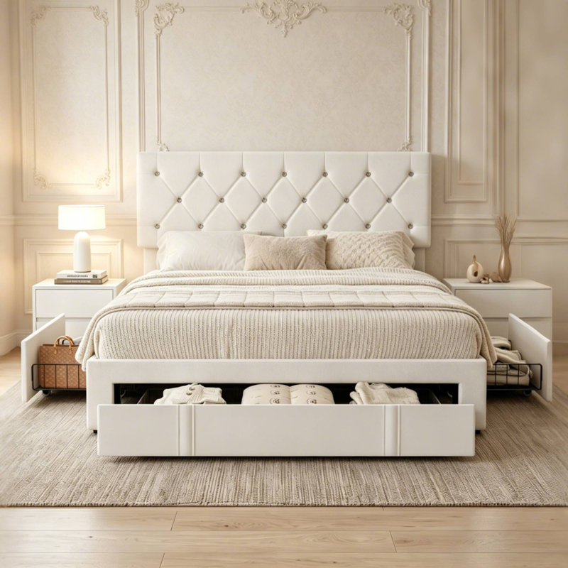 Structure de lit moderne en cuir synthétique avec tête de lit capitonnée réglable, Grand lit, Blanc
