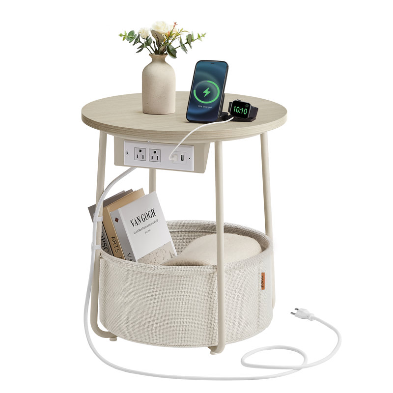 Side Table With Charging Station, Cream White