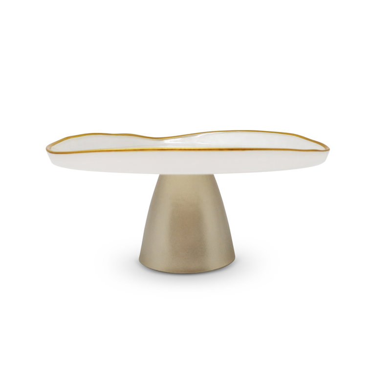 Organic Shaped Cake Plate with Gold Detail, 8.25" W x 6" H x 8.25" D, White/Gold