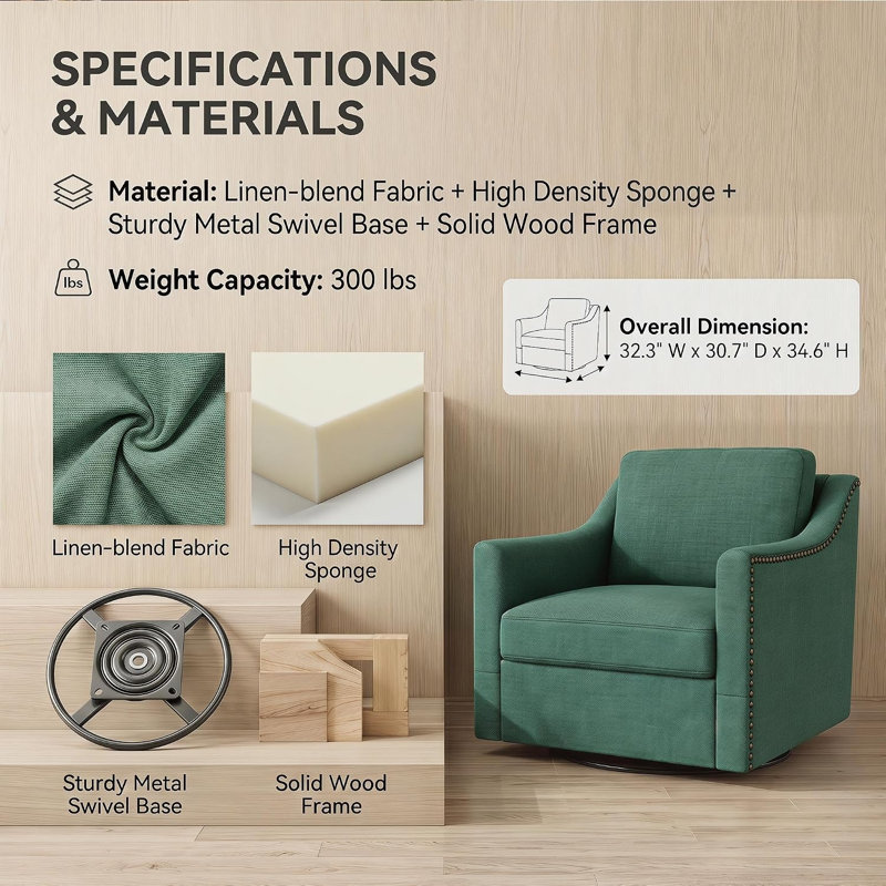 Fauteuil d'appoint pivotant rembourré, Green