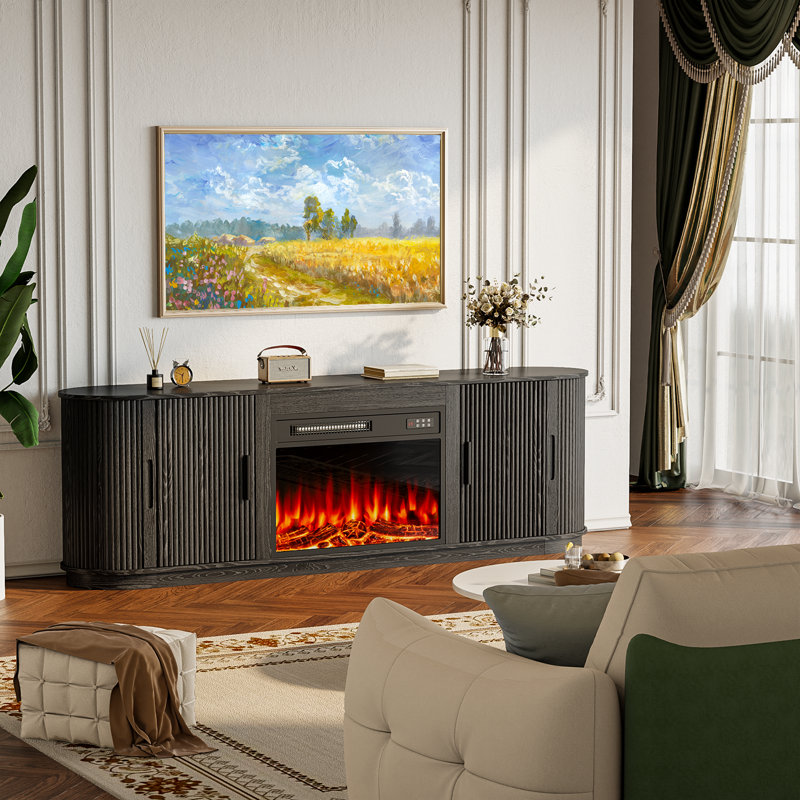 Meuble télé avec foyer incurvé, centre de divertissement avec foyer de 23 po, meuble télé en bois 70 po pour téléviseur de 80 po ou moins, centre de divertissement avec portes coulissantes pour salon, noir