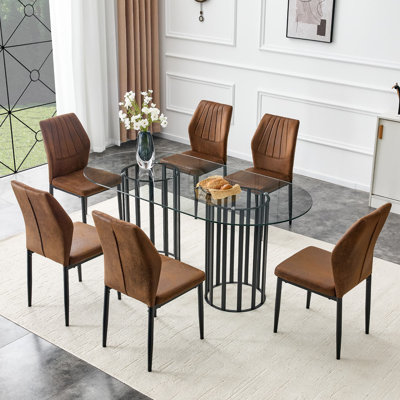 Ensemble de table de salle à manger de 71 po en verre trempé ovale pour 6 personnes, table de cuisine moderne 7 pièces et chaises pour 6 personnes avec chaises en suède brun et base à double piédestal noir
