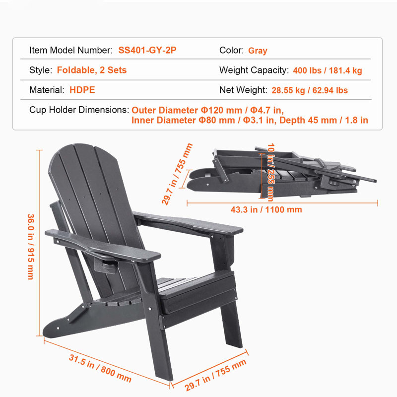 Ensemble de 2 chaises pliantes en plastique Adirondack