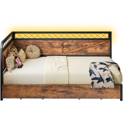 Industrial Corner Daybed With LED Lights & Storage Drawer - 900Lb Capacity