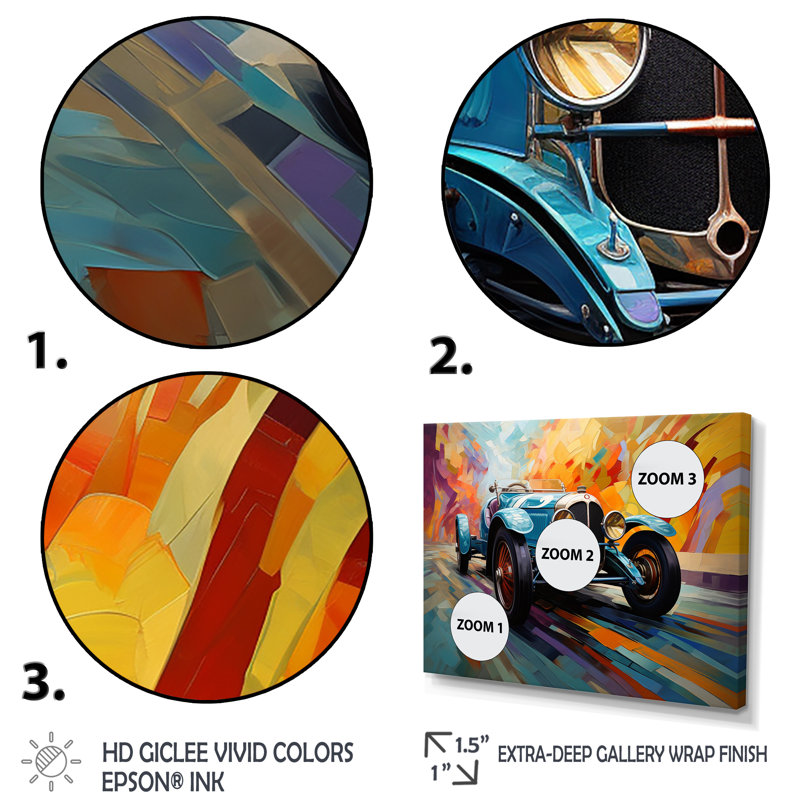 Bleu et jaune, course rétro II - art mural de course, H 32 po x l 48 po
