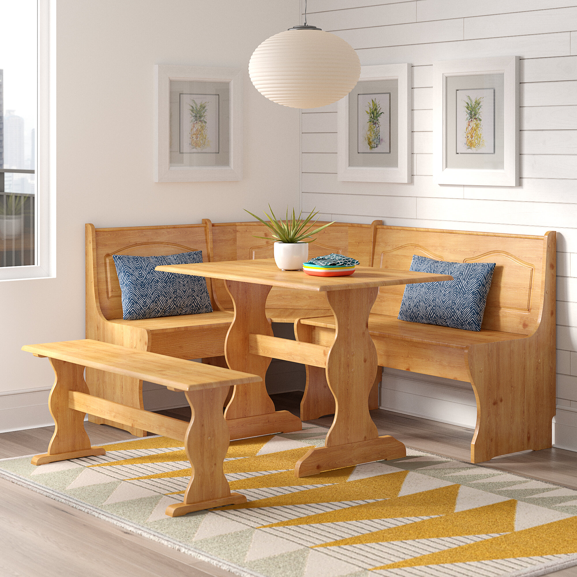 Country Style White And Natural Finish Wood Corner Nook Dining Table Bench  Set