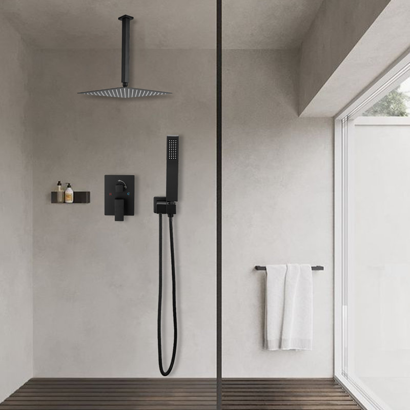 Système de robinet de douche de plafond avec pomme de douche à pluie de 12 pouces et douchette, Noir mat