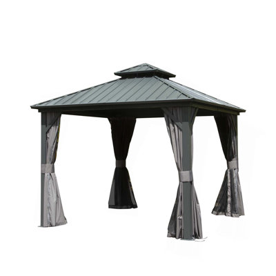 Hardtop Gazebo, Aluminum Metal Gazebo with Galvanized Steel Double Roof Canopy, Curtain and Netting, Permanent Gazebo Pavilion for Patio, Backyard, Deck, Lawn