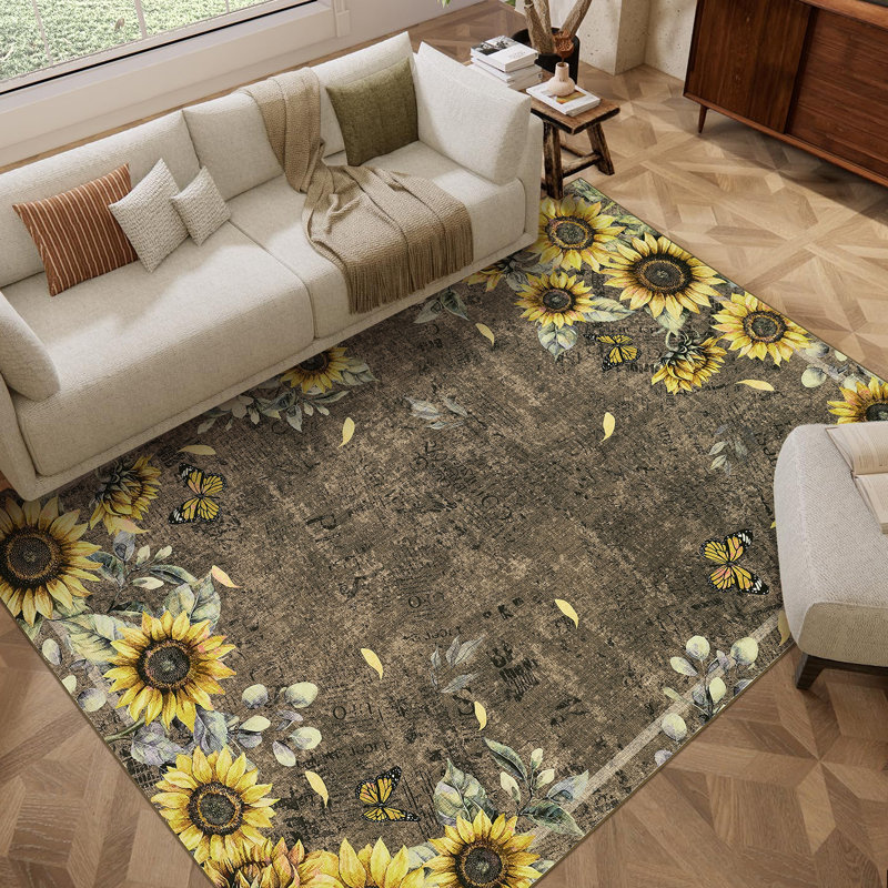 Sun flower Floral Machine Washable Rug Soft Non Slip Low Pile Foldable Thin Carpet for Living Room Bedroom Nursery Kids Room