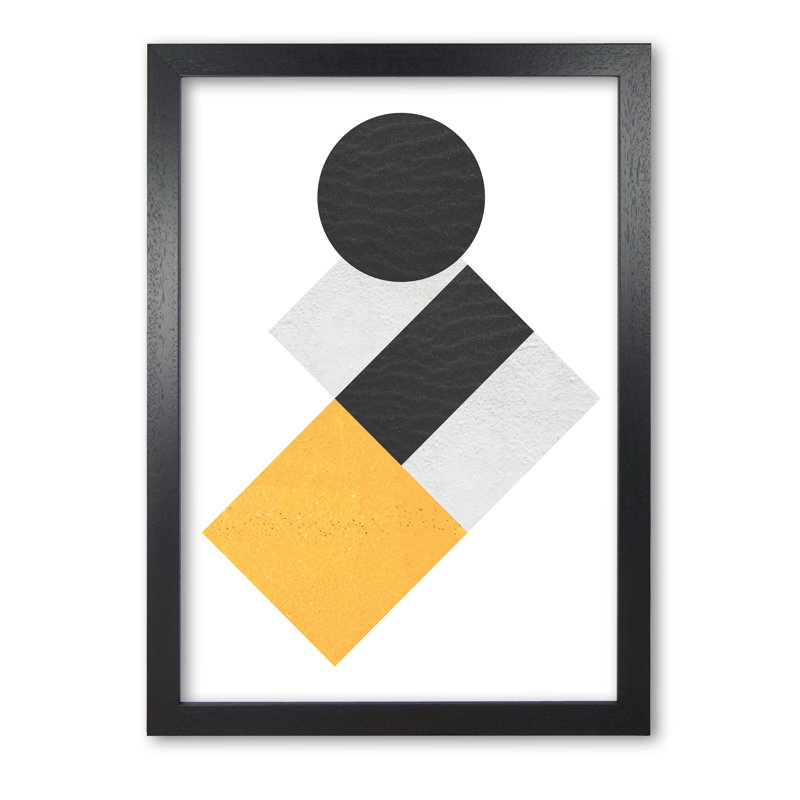 Yellow And Black Abstract Circles And Squares - Print, 42 cm H x 30 cm W x 5 cm D, Black Grain Frame