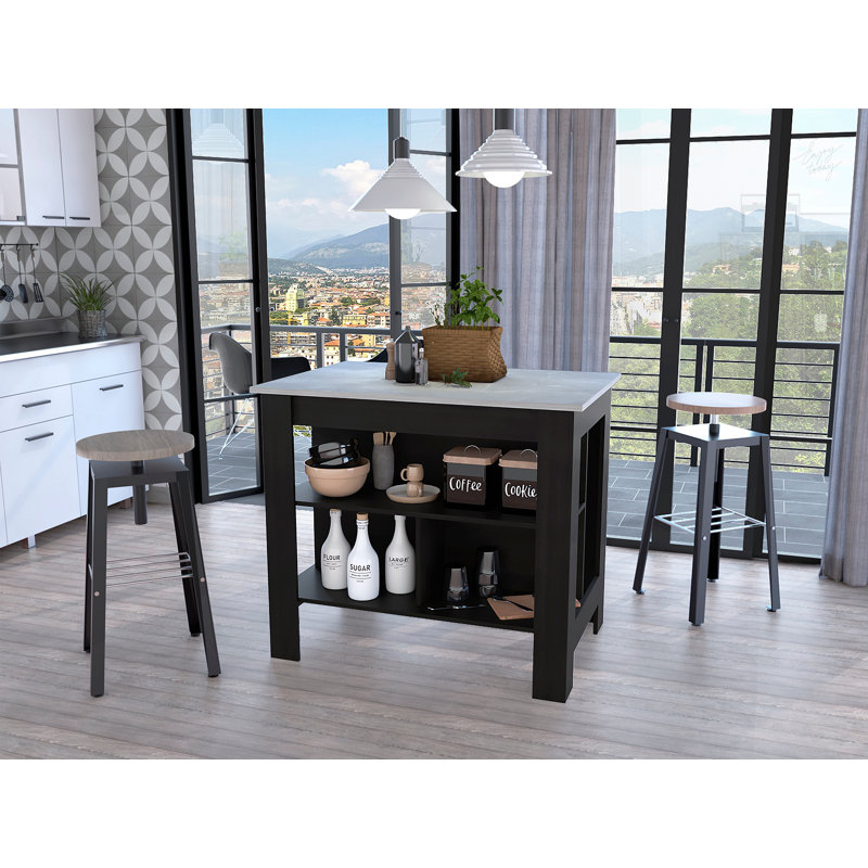 Rockaway 3-Shelf Kitchen Island And Ibiza Marble, Black