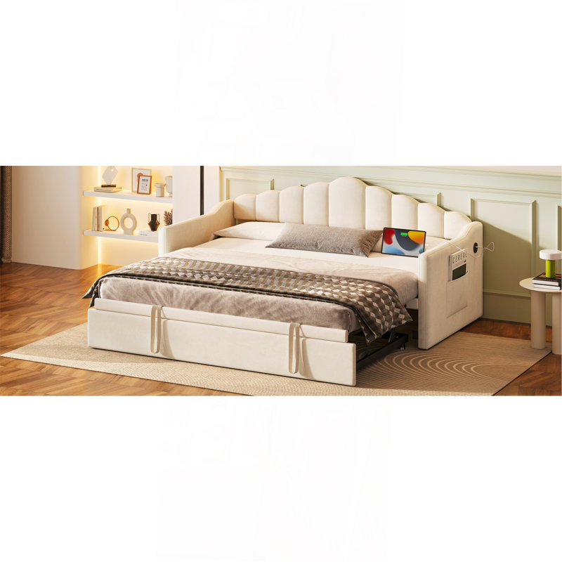 Upholstered Twin Size Daybed With Adjustable Height Pop Up Trundle Twin Bed And USB & Type-C Charging Port, Day Bed Frame With 2 Side Pockets, No Box-Spring Needed, Beige