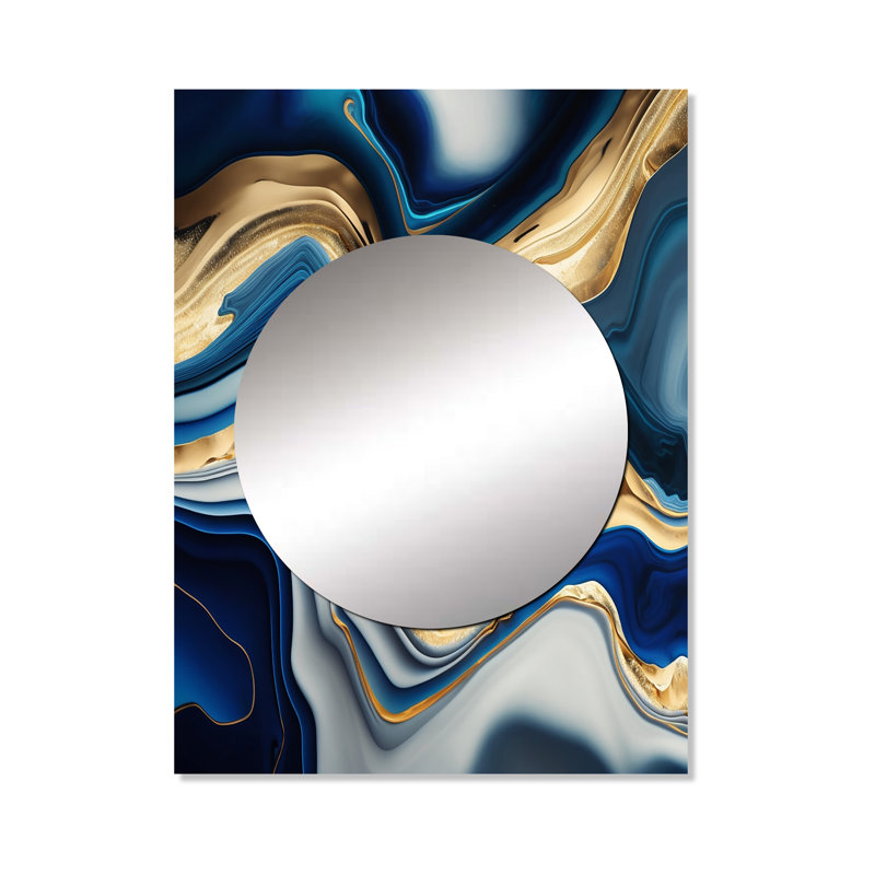 Gerbrich bleu vif et agate dorée II - grand miroir mural transitionnel, miroir décoratif moderne, impression d'art en métal