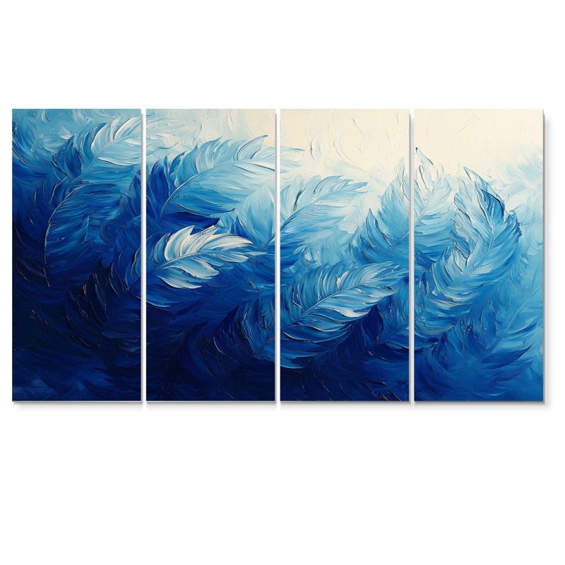 «Palms In Blue Harmoy III», art mural moderne en plumes, H 32 po x l 64 po, 4
