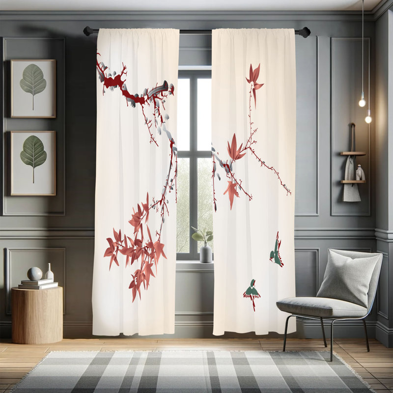 Ebern Designs Japanese Curtains, Sakura Tree Romantic Art, Pair of 28"x95", Dark Salmon, L 28 po x L 95 po