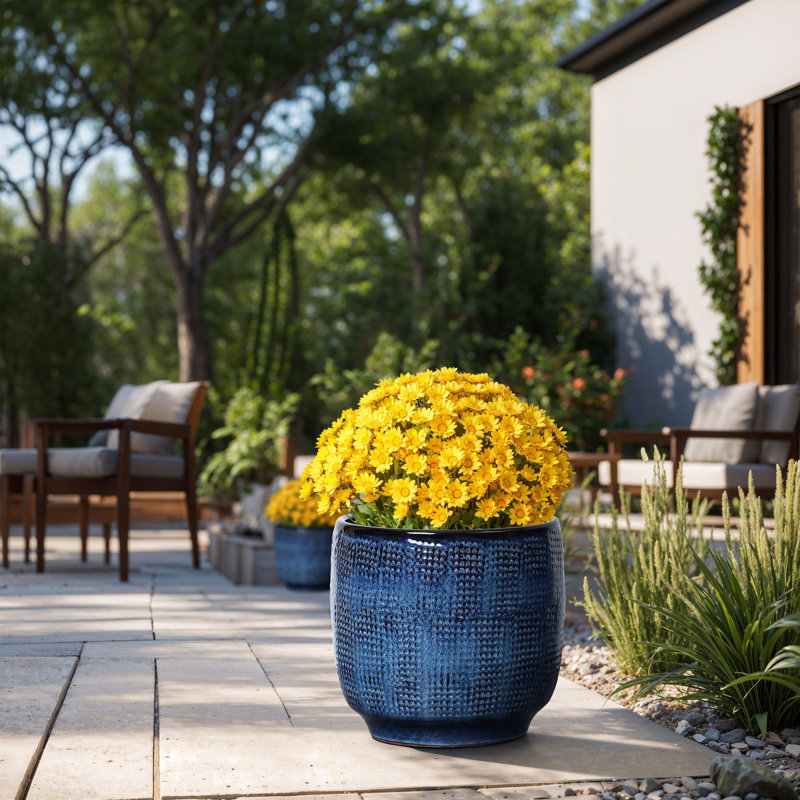 Pot à fleurs rond en céramique Ocean, Bleu, H 11,22 po x l 12 po x P 12 po