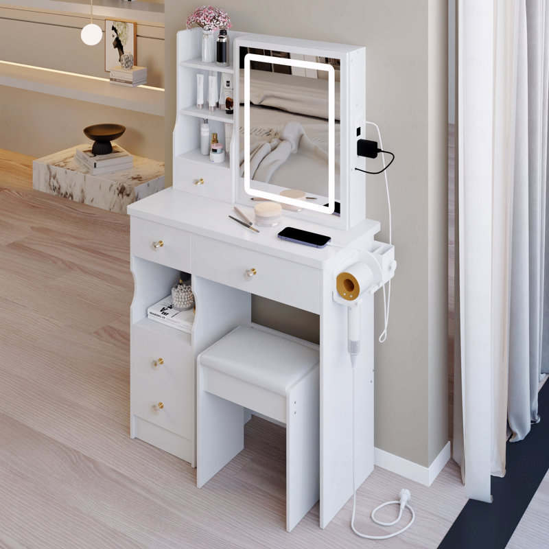 Petite coiffeuse 29,2 po + tabouret rembourré, 2 blocs d'alimentation AC + 2 ports USB, support pour sèche-cheveux, très grand miroir coulissant à commande tactile à DEL, changement de couleur, réglage de la luminosité
