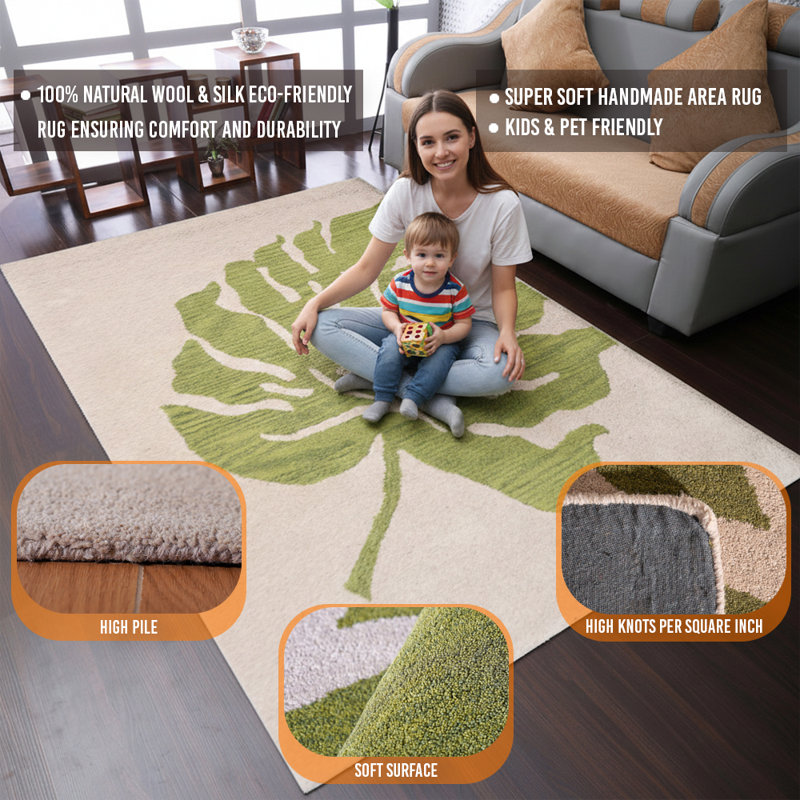 Rhoda Hand Tufted Wool Eco-Friendly Area Rugs - Rectangle, Beige Green Color | Floral Design | Area Rugs for Living room, Bedroom