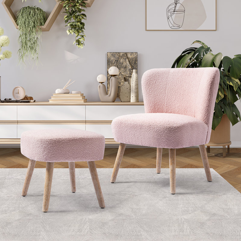 Upholstered Side Chair with Ottoman, Dusty Peach Polyester Blend