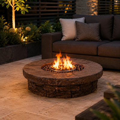 Teamson 94cm Round Gas Fire Pit Table with Slate-Look Top, 50,000 BTU Propane Heater, Lava Rocks, PVC Cover & Piezo Ignition