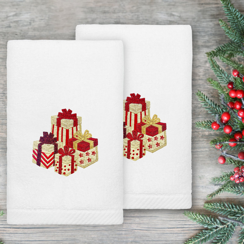 The Holiday Aisle® Christmas Packages - Embroidered Luxury 100% Turkish Cotton Hand Towels (Set Of 2), White