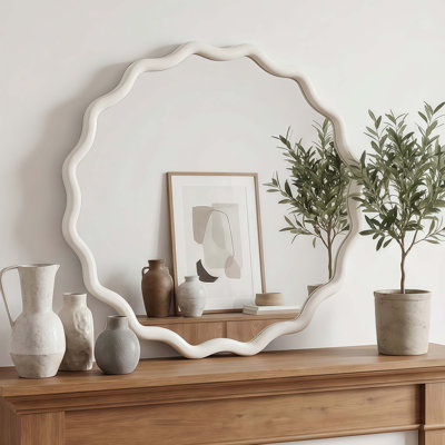 Miroir décoratif en bois massif avec un design de lignes irrégulières, verre trempé pour une réflexion claire, fixation murale facile, idéal pour le salon de la chambre à coucher et le vestibule.