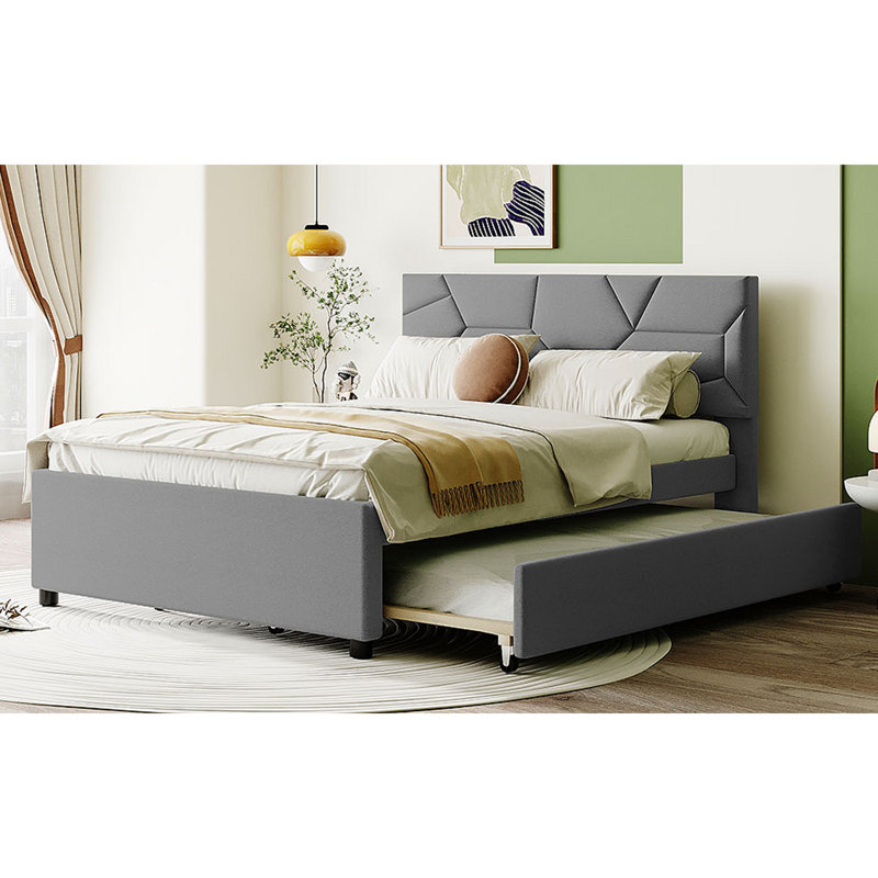 Lit plateforme tapissier avec tête de lit et lit gigogne à motif brique, Full, Gris
