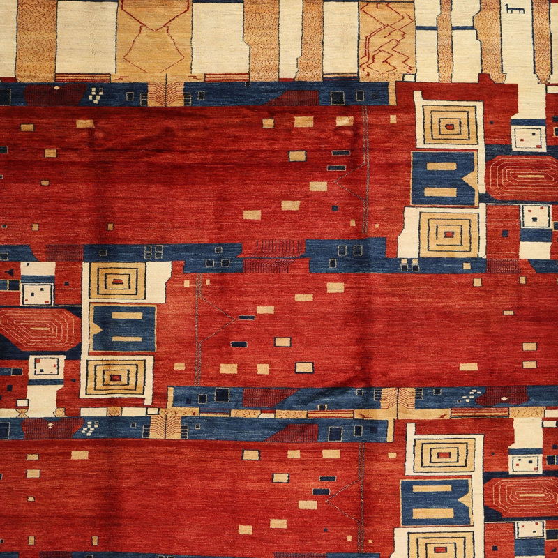 Tapis de zone rouge/bleu contemporaine, Carré 5 pi