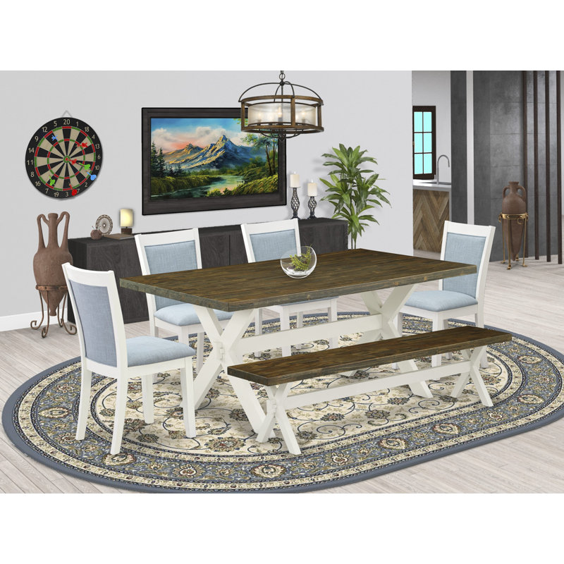 6 Piece Dining Table Set Contains a Rectangle Kitchen Table with X-Legs and 4 Baby Blue Linen Fabric Upholstered Chairs with a Bench, Wire Brushed linen white 