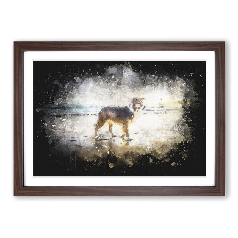 Border Collie Dog at the Beach - Picture Frame Painting Print, 45cm H x 63cm W x 2cm D, Walnut Framed