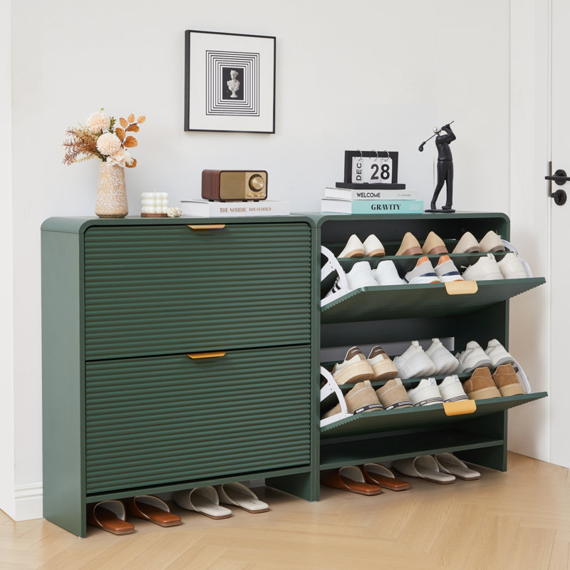 16 Pair Shoe Storage Cabinet With 2 Flip Drawers, Green
