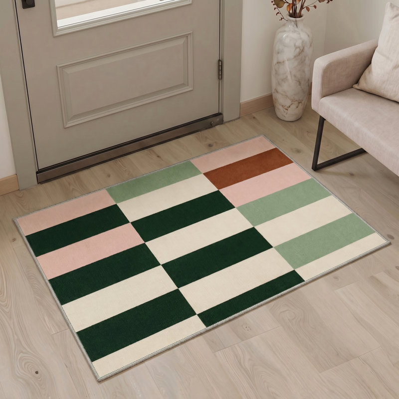 Liadan Stria Geometric Machine Washable Green / Beige / Pink Indoor Area Rug with Non-Slip Backing, Rectangle 6' x 9'
