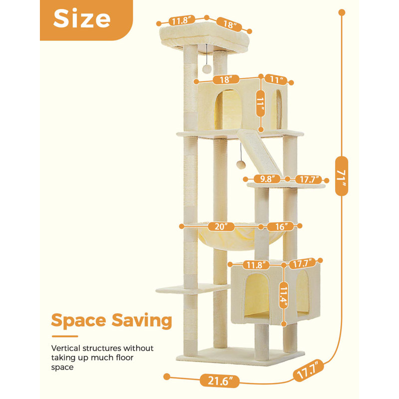 71" Beige Multi-Level Cat Tree with Sisal Posts and Hammock