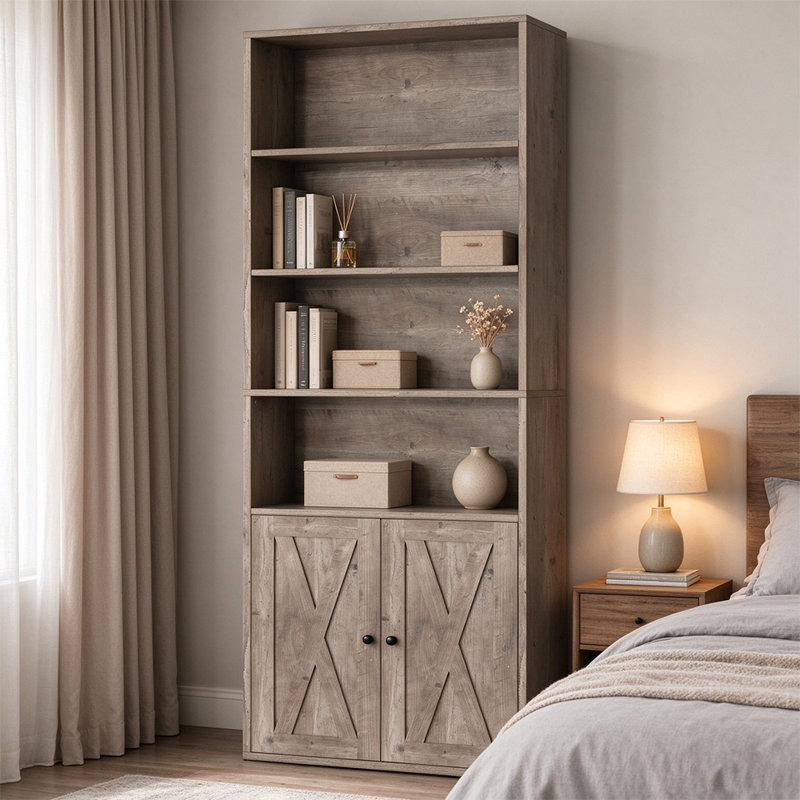 4-Tier Freestanding Display & Storage Bookshelf with 2 Doors, Vertical Storage Rack for Living Room & Home Office, grey