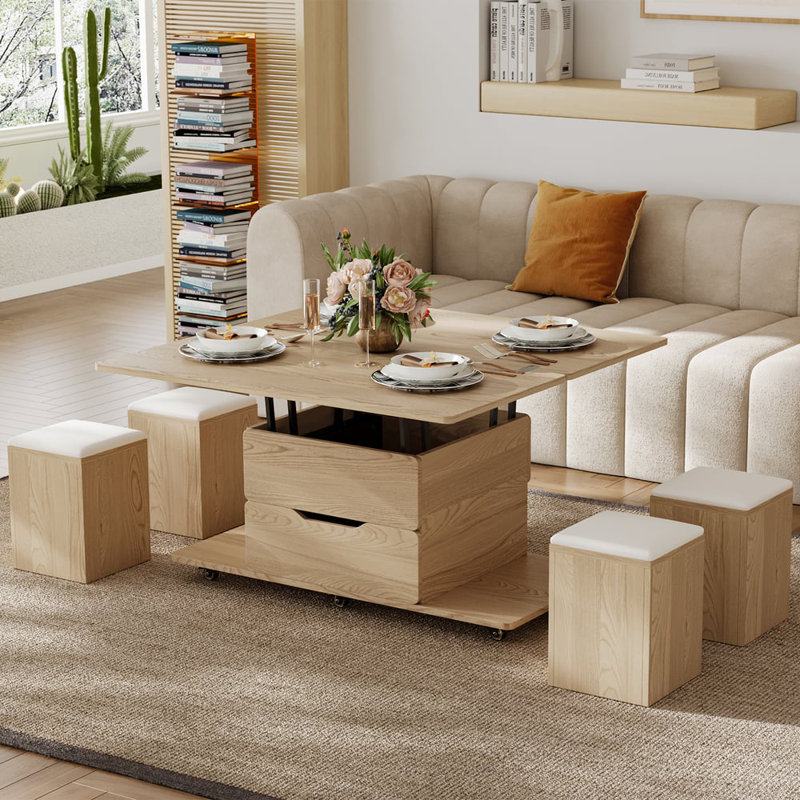 Table basse 39 po avec 4 tabourets et rangement, Bois naturel, Bois naturel