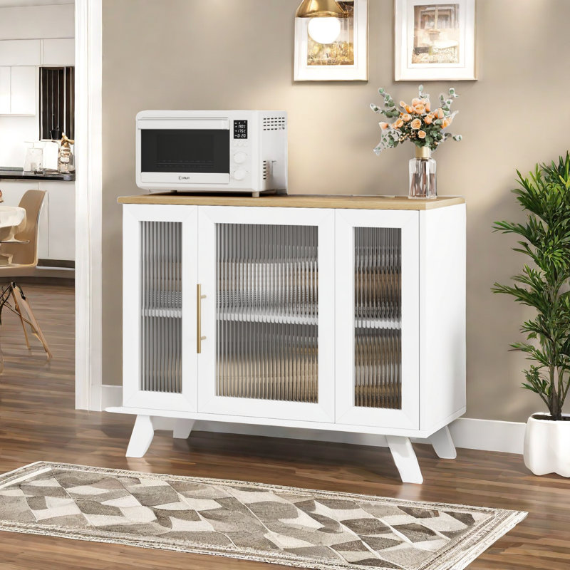 36" Sideboard Buffet Cabinet With Fluted Glass Door, Storage Cabinet With 2-tier Storage, Wood/White