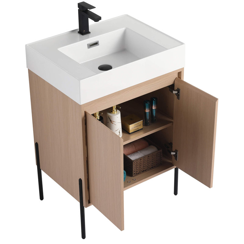 Ebern Designs Yordana Bathroom Vanity 24" Wide, White Oak, White