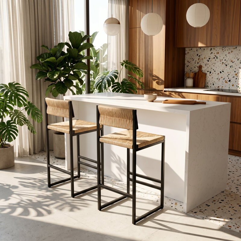 Ensemble de 2 tabourets de bar en papier tissé à la main l 14,96 po x P 15,15 po x H 34,84 po Honey