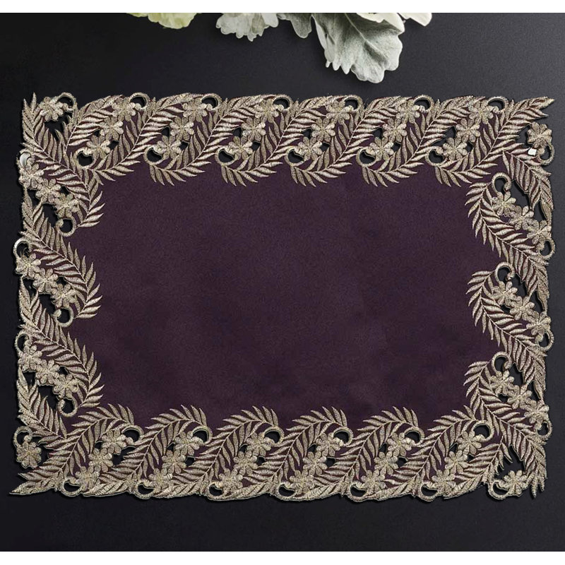 Ferra Luxury Dining Table Placemats for Christmas Home Decor Rectangular Elegant Golden Lace Polyester, Plum/Gold