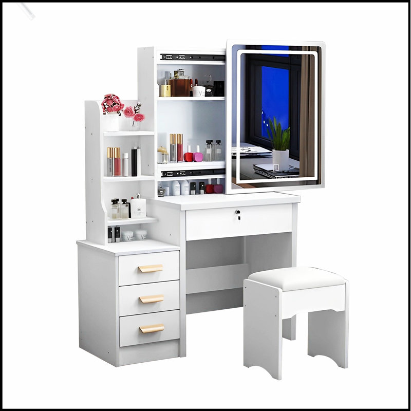 Élégant meuble-lavabo avec miroir, lumières réglables et 4 tiroirs pour le maquillage et l'organisation